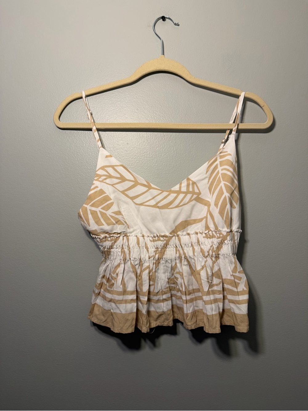 Ocean Drive White and Tan Leaf-Print Smocked Peplum Camisole